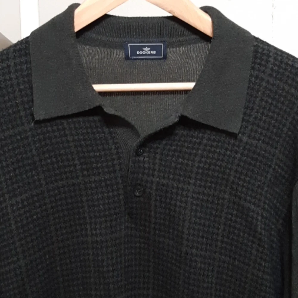 DOCKERS Mens Collared knit Sweater Sz L XL Green Black Print Long Sleeve b36